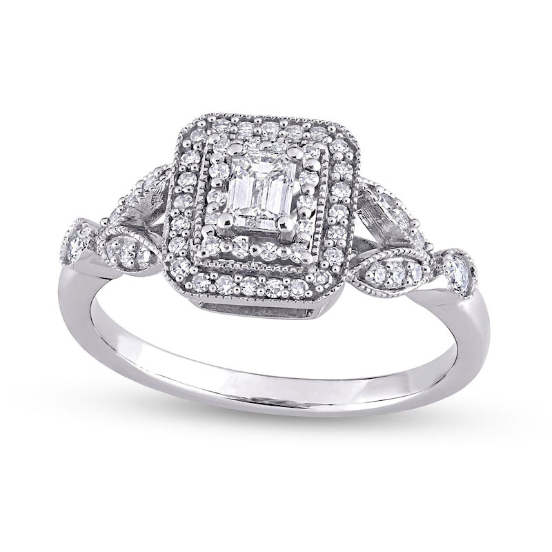 0.50 CT. T.W. Emerald-Cut Natural Diamond Double Frame Leaf-Sides Antique Vintage-Style Engagement Ring in Solid 10K White Gold