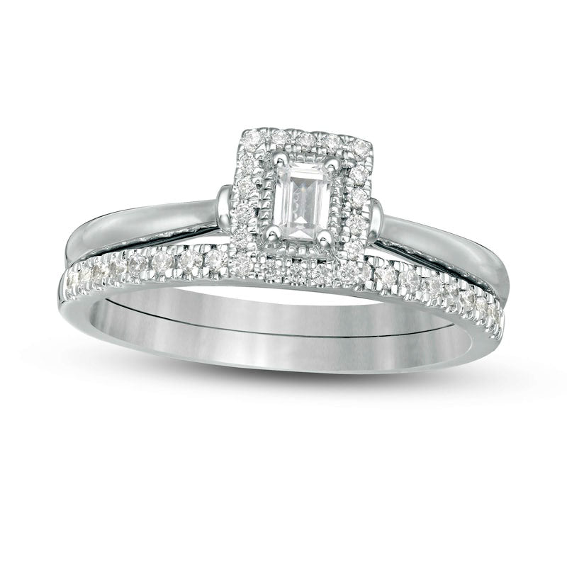 0.38 CT. T.W. Emerald-Cut Natural Diamond Frame Bridal Engagement Ring Set in Solid 14K White Gold