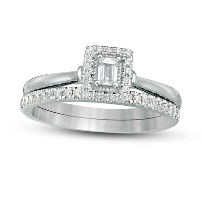 0.38 CT. T.W. Emerald-Cut Natural Diamond Frame Bridal Engagement Ring Set in Solid 14K White Gold