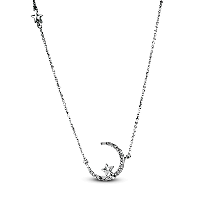 0.1 CT. T.W. Natural Diamond Crescent Moon and Star Necklace in 10K White Gold