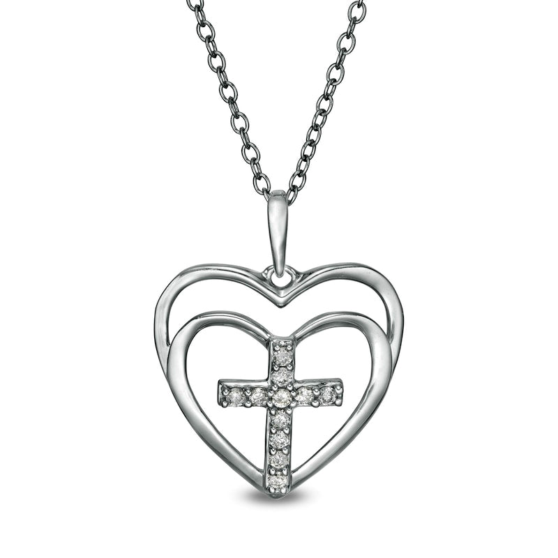 0.1 CT. T.W. Natural Diamond Cross in Double Hearts Pendant in Sterling Silver