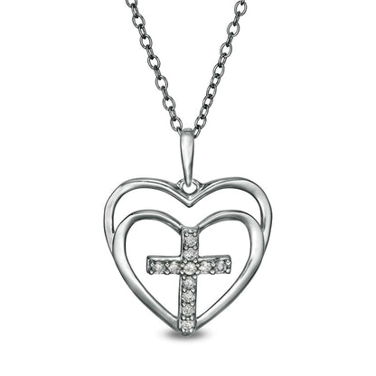0.1 CT. T.W. Natural Diamond Cross in Double Hearts Pendant in Sterling Silver