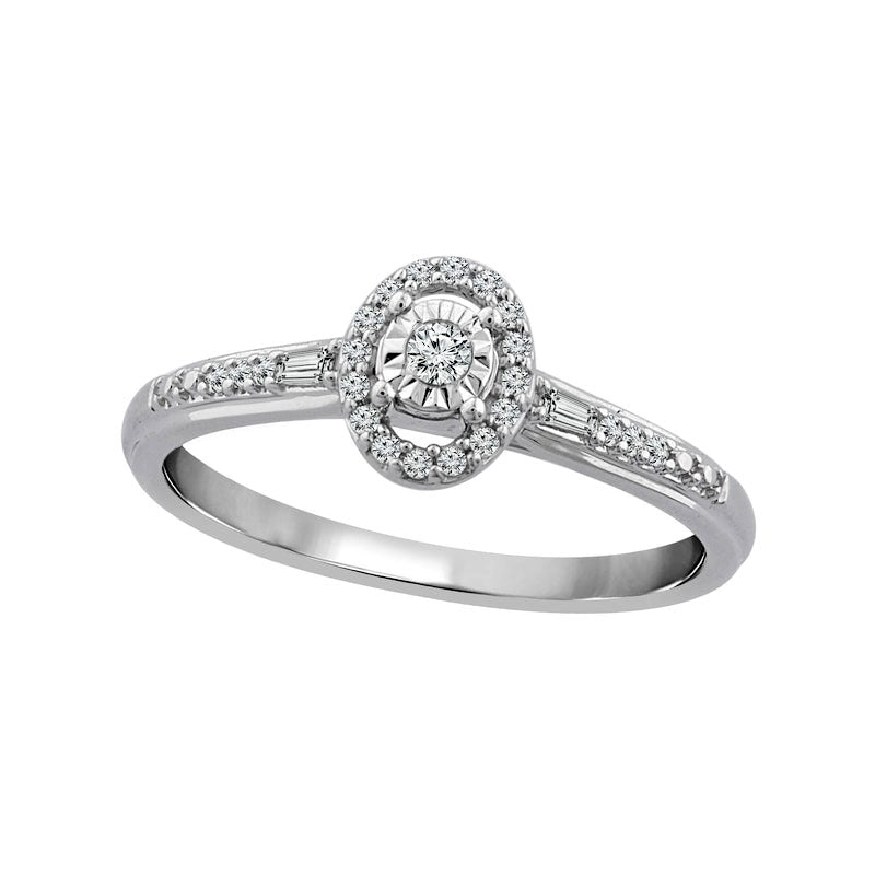 0.17 CT. T.W. Natural Diamond Oval Frame Baguette Sides Promise Ring in Solid 10K White Gold