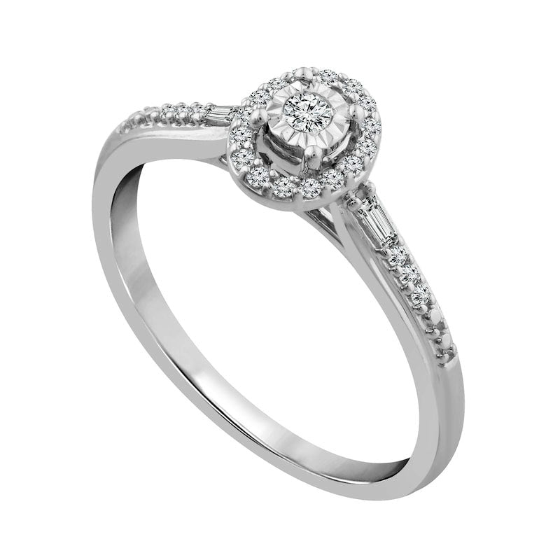 0.17 CT. T.W. Natural Diamond Oval Frame Baguette Sides Promise Ring in Solid 10K White Gold