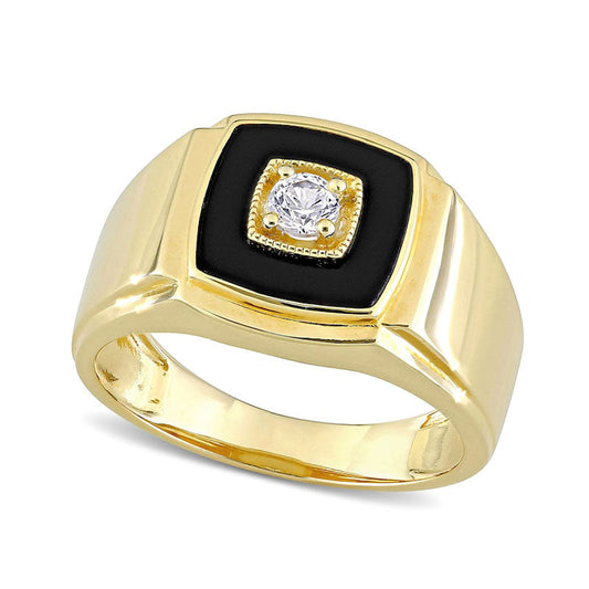 Men's 10.0mm Cushion-Cut Onyx and Lab-Created White Sapphire Stepped Edge Ring in Sterling Silver with Yellow Rhodium