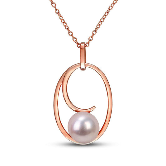 9.0-9.5mm Cultured Freshwater Pearl Open Looping Oval Frame Pendant in Sterling Silver with Rose Rhodium