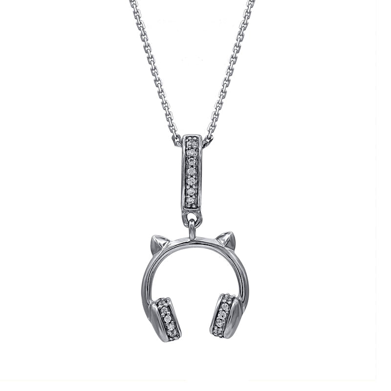 0.05 CT. T.W. Natural Diamond Cat with Headphones Pendant in Sterling Silver