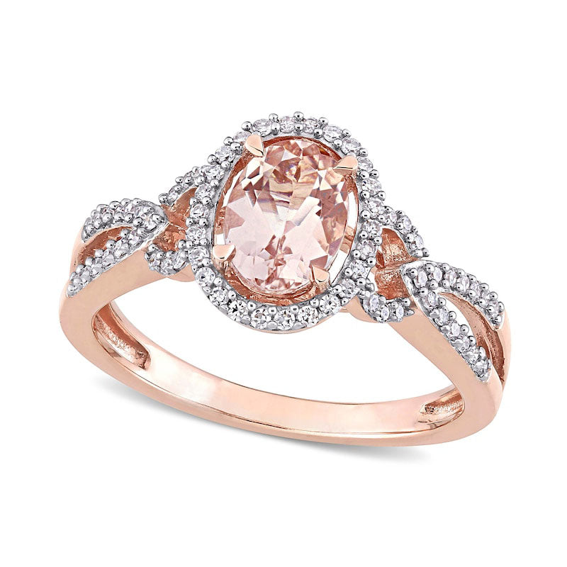 Oval Morganite and 0.20 CT. T.W. Natural Diamond Frame Pointed Split Shank Buckle Ring in Solid 14K Rose Gold