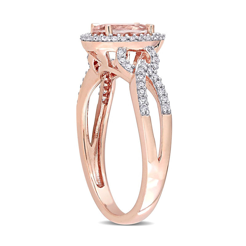 Oval Morganite and 0.20 CT. T.W. Natural Diamond Frame Pointed Split Shank Buckle Ring in Solid 14K Rose Gold