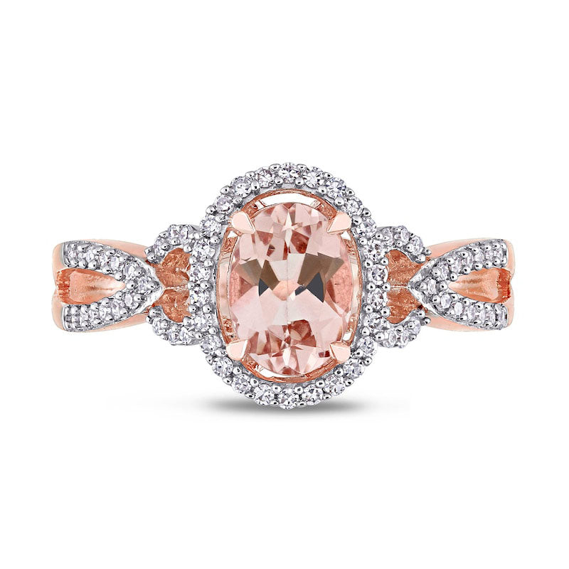 Oval Morganite and 0.20 CT. T.W. Natural Diamond Frame Pointed Split Shank Buckle Ring in Solid 14K Rose Gold