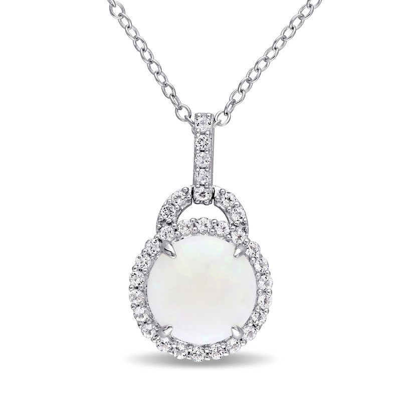 9.0mm Cabochon Opal and White Topaz Frame Doorknocker Pendant in Sterling Silver