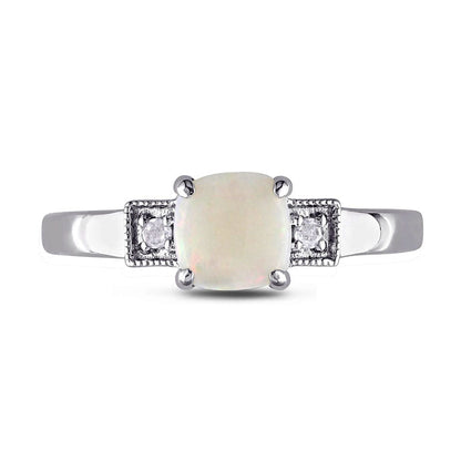 6.0mm Cushion-Cut Cabochon Opal and 0.05 CT. T.W. Natural Diamond Antique Vintage-Style Ring in Sterling Silver