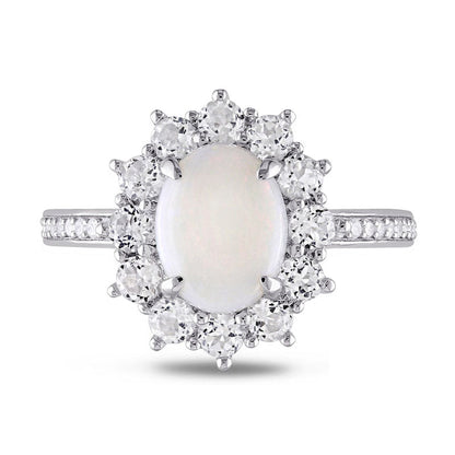 Oval Opal, White Topaz and 0.10 CT. T.W. Natural Diamond Starburst Frame Ring in Sterling Silver