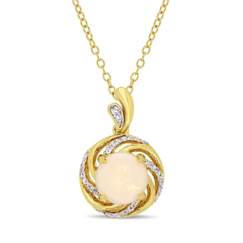 8.0mm Opal, White Topaz and Natural Diamond Accent Swirl Frame Drop Pendant in Sterling Silver with Yellow Rhodium
