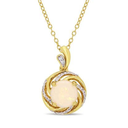 8.0mm Opal, White Topaz and Natural Diamond Accent Swirl Frame Drop Pendant in Sterling Silver with Yellow Rhodium