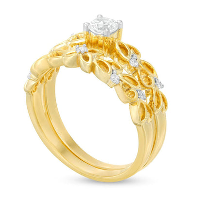 0.33 CT. T.W. Natural Diamond Open Floral Bridal Engagement Ring Set in Solid 10K Yellow Gold