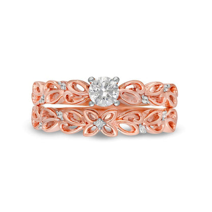 0.33 CT. T.W. Natural Diamond Open Floral Bridal Engagement Ring Set in Solid 10K Rose Gold