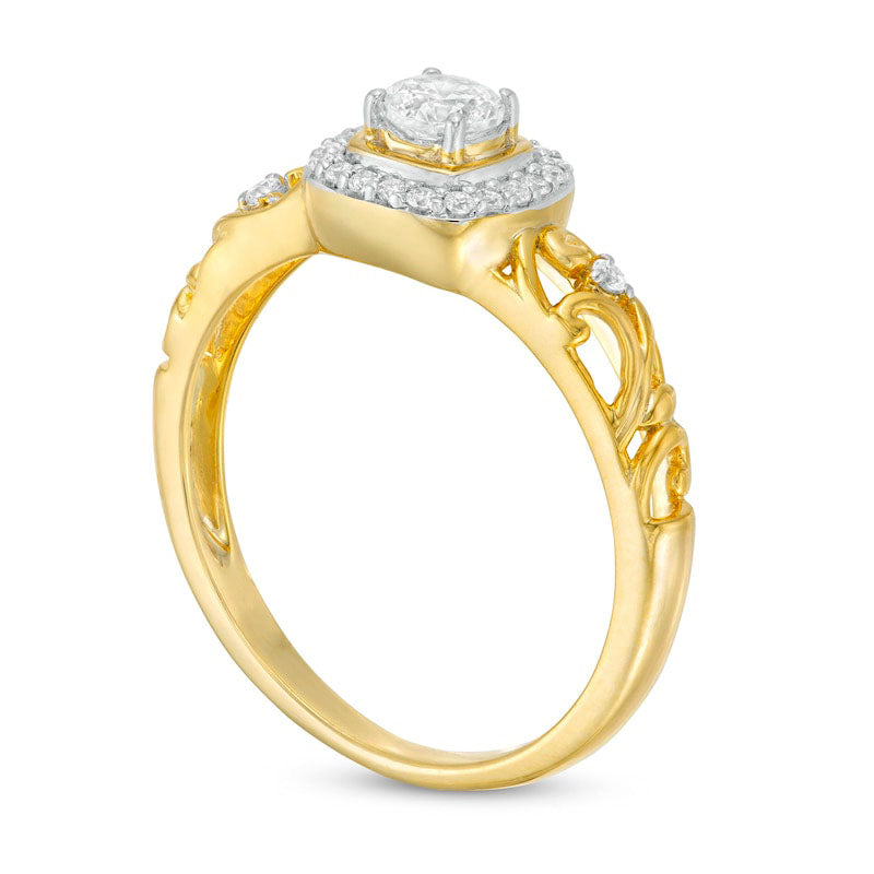 0.38 CT. T.W. Natural Diamond Cushion Frame Filigree Shank Engagement Ring in Solid 10K Yellow Gold