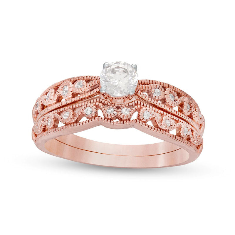 0.38 CT. T.W. Natural Diamond Antique Vintage-Style Filigree Bridal Engagement Ring Set in Solid 10K Rose Gold