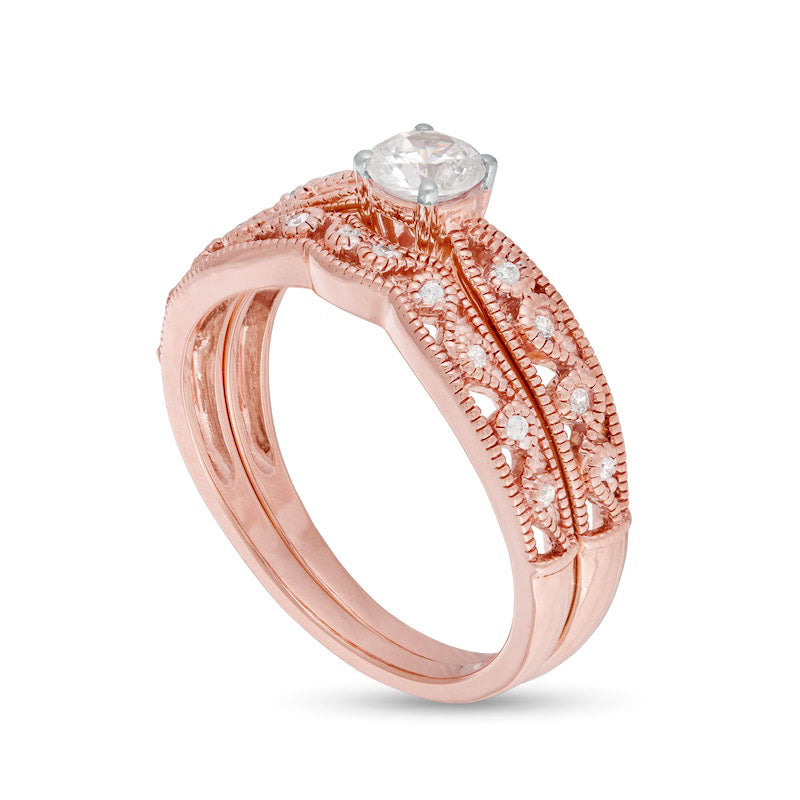 0.38 CT. T.W. Natural Diamond Antique Vintage-Style Filigree Bridal Engagement Ring Set in Solid 10K Rose Gold