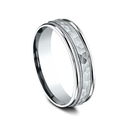 Ladies' 6.0mm Hammered Milgrain Comfort-Fit Wedding Band in Solid 10K White Gold