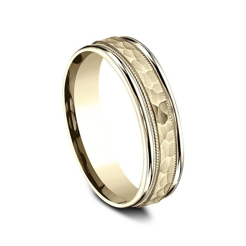 Ladies' 6.0mm Hammered Milgrain Comfort-Fit Wedding Band in Solid 10K Yellow Gold
