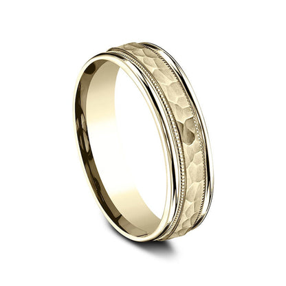 Ladies' 6.0mm Hammered Milgrain Comfort-Fit Wedding Band in Solid 10K Yellow Gold