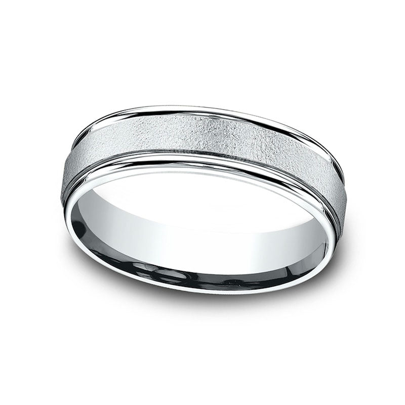 Ladies' 6.0mm Sandblast Textured Comfort-Fit Wedding Band in Solid 10K White Gold