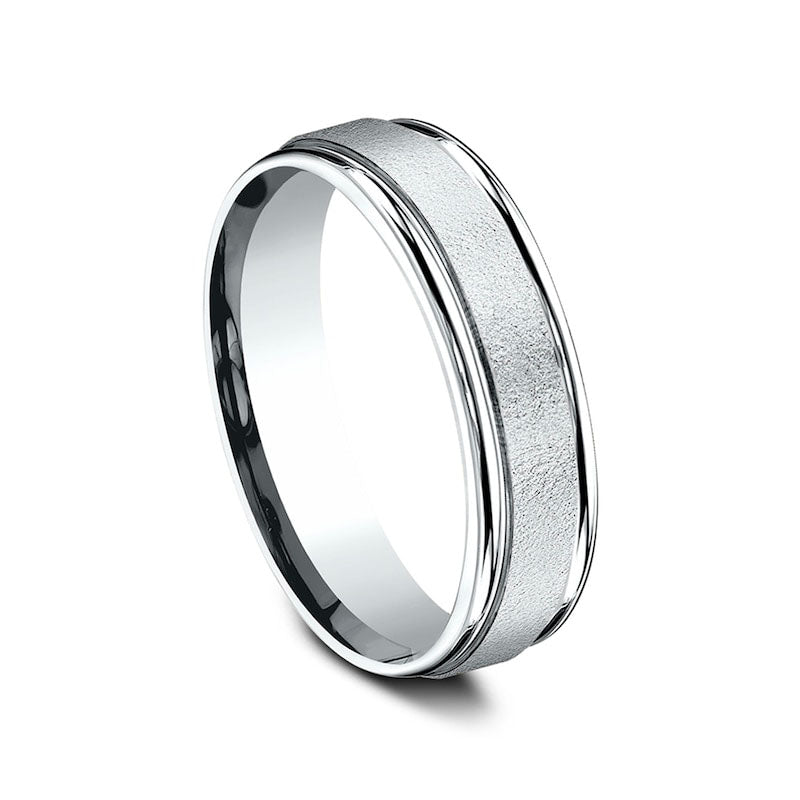 Ladies' 6.0mm Sandblast Textured Comfort-Fit Wedding Band in Solid 10K White Gold