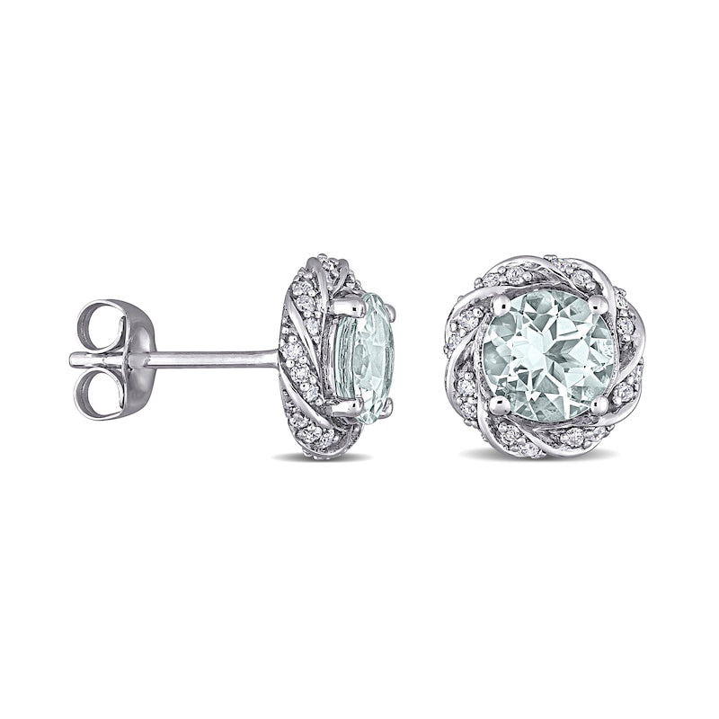 6.0mm Aquamarine and 0.2 CT. T.W. Diamond Swirl Frame Stud Earrings in 10K White Gold