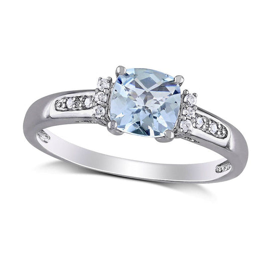 6.0mm Checkerboard Cushion-Cut Aquamarine and 0.05 CT. T.W. Natural Diamond Trio Collar Ring in Sterling Silver