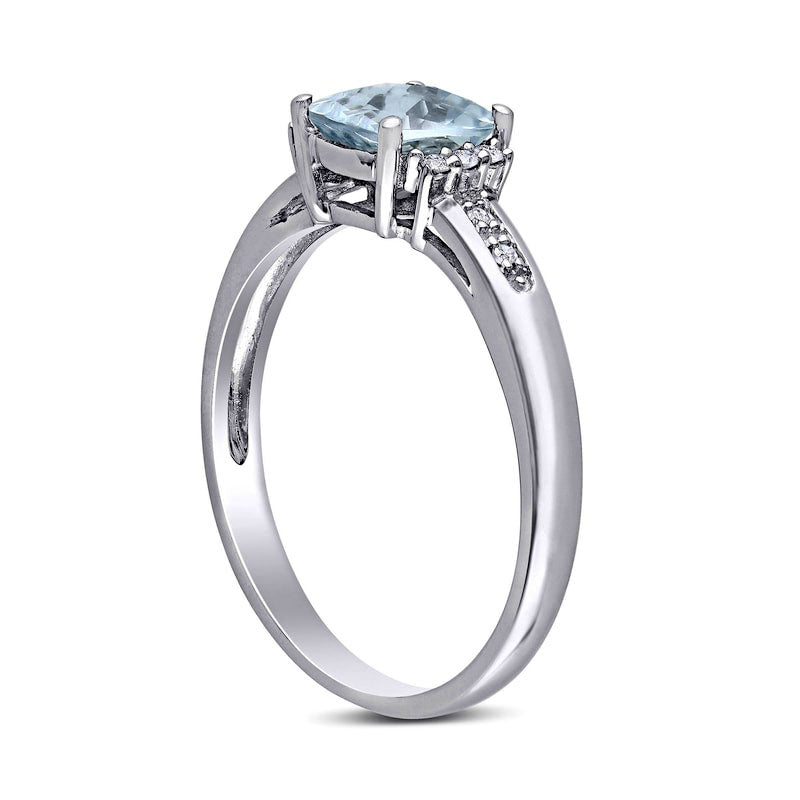 6.0mm Checkerboard Cushion-Cut Aquamarine and 0.05 CT. T.W. Natural Diamond Trio Collar Ring in Sterling Silver