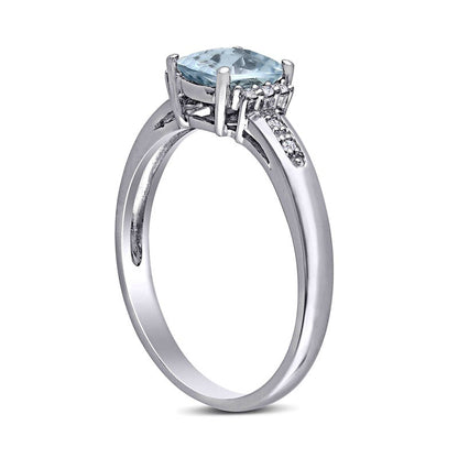 6.0mm Checkerboard Cushion-Cut Aquamarine and 0.05 CT. T.W. Natural Diamond Trio Collar Ring in Sterling Silver