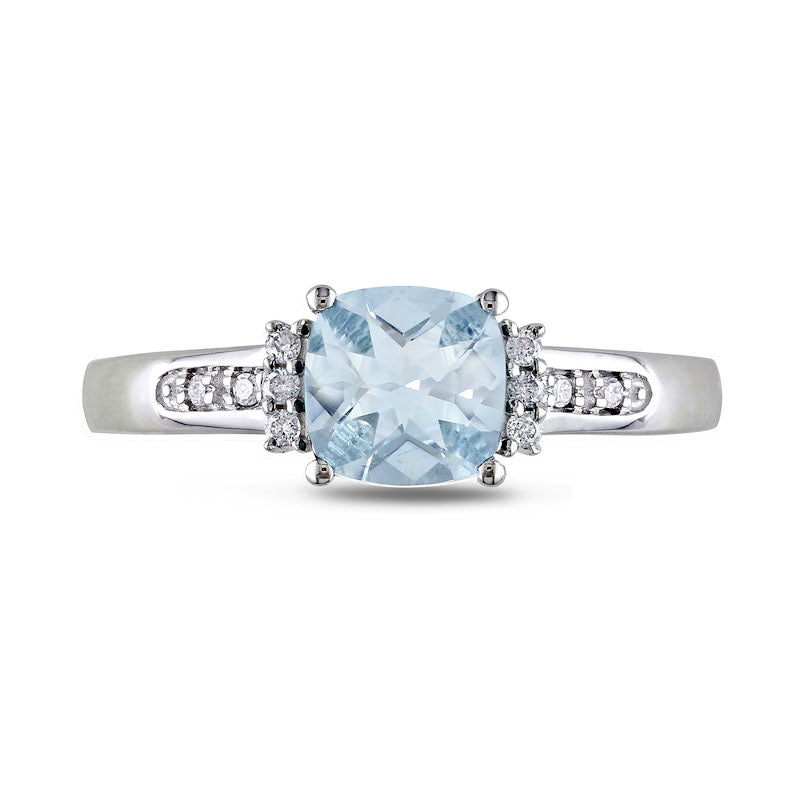 6.0mm Checkerboard Cushion-Cut Aquamarine and 0.05 CT. T.W. Natural Diamond Trio Collar Ring in Sterling Silver