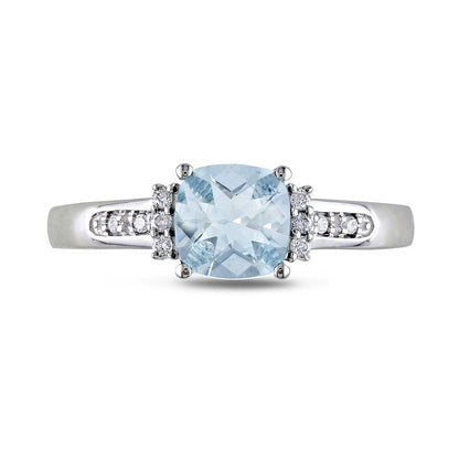 6.0mm Checkerboard Cushion-Cut Aquamarine and 0.05 CT. T.W. Natural Diamond Trio Collar Ring in Sterling Silver