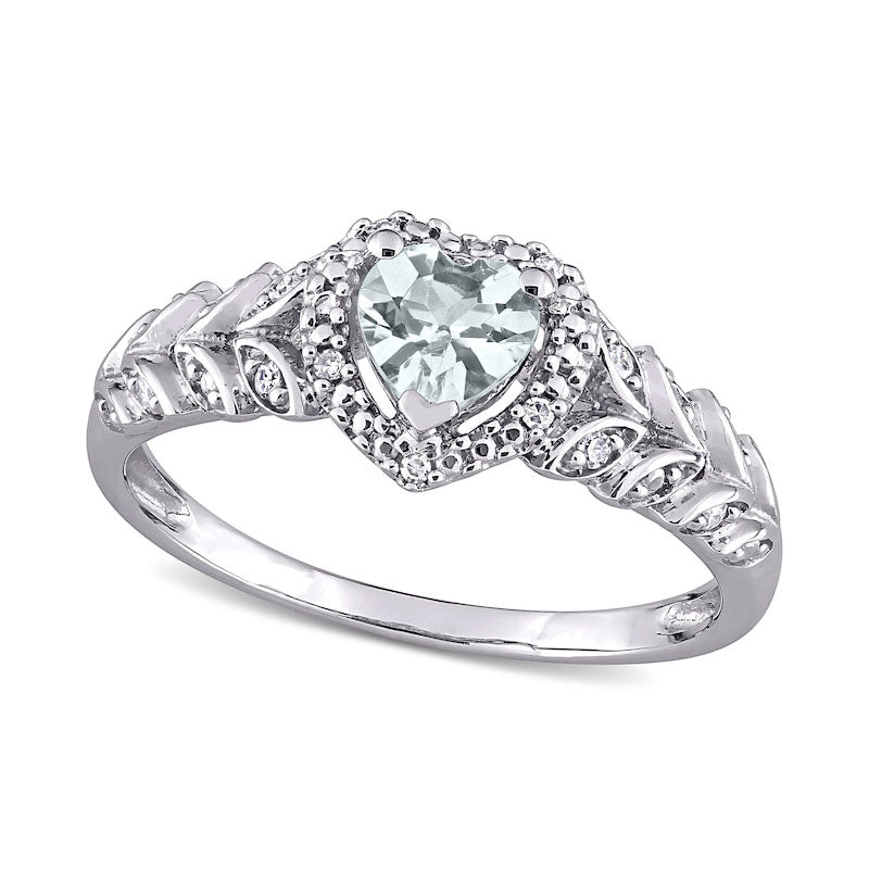 5.0mm Heart-Shaped Aquamarine and 0.05 CT. T.W. Natural Diamond Bead Frame Leaf Shank Ring in Solid 10K White Gold