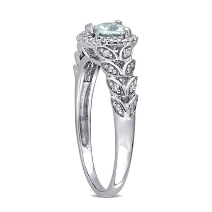 5.0mm Heart-Shaped Aquamarine and 0.05 CT. T.W. Natural Diamond Bead Frame Leaf Shank Ring in Solid 10K White Gold