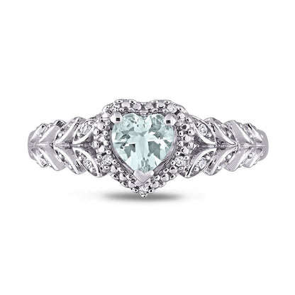 5.0mm Heart-Shaped Aquamarine and 0.05 CT. T.W. Natural Diamond Bead Frame Leaf Shank Ring in Solid 10K White Gold