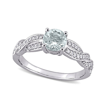 6.0mm Aquamarine and 0.25 CT. T.W. Natural Diamond Twist Shank Ring in Solid 14K White Gold