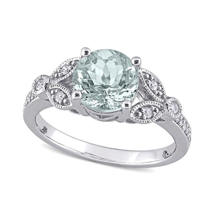 8.0mm Aquamarine and 0.13 CT. T.W. Natural Diamond Leaf-Sides Antique Vintage-Style Ring in Solid 14K White Gold