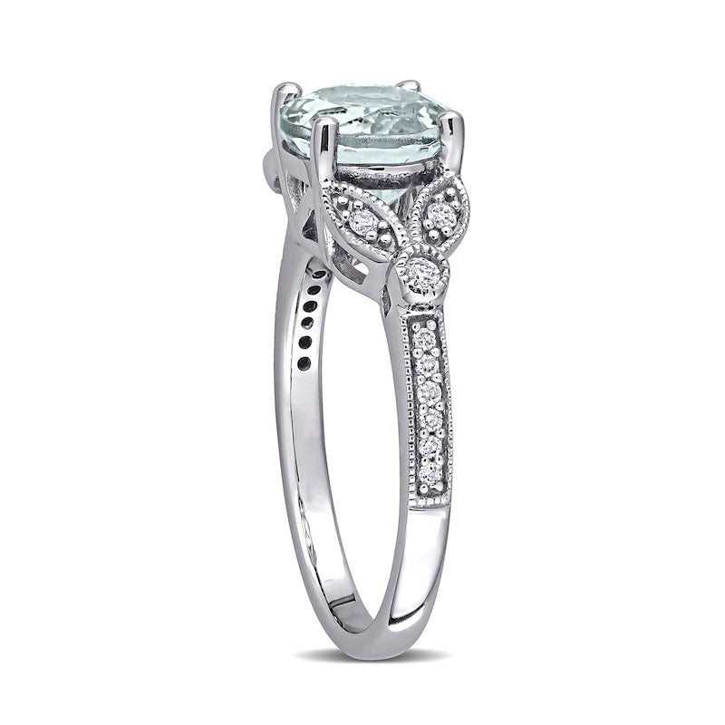 8.0mm Aquamarine and 0.13 CT. T.W. Natural Diamond Leaf-Sides Antique Vintage-Style Ring in Solid 14K White Gold