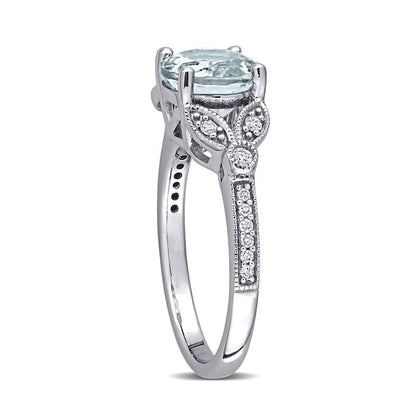 8.0mm Aquamarine and 0.13 CT. T.W. Natural Diamond Leaf-Sides Antique Vintage-Style Ring in Solid 14K White Gold