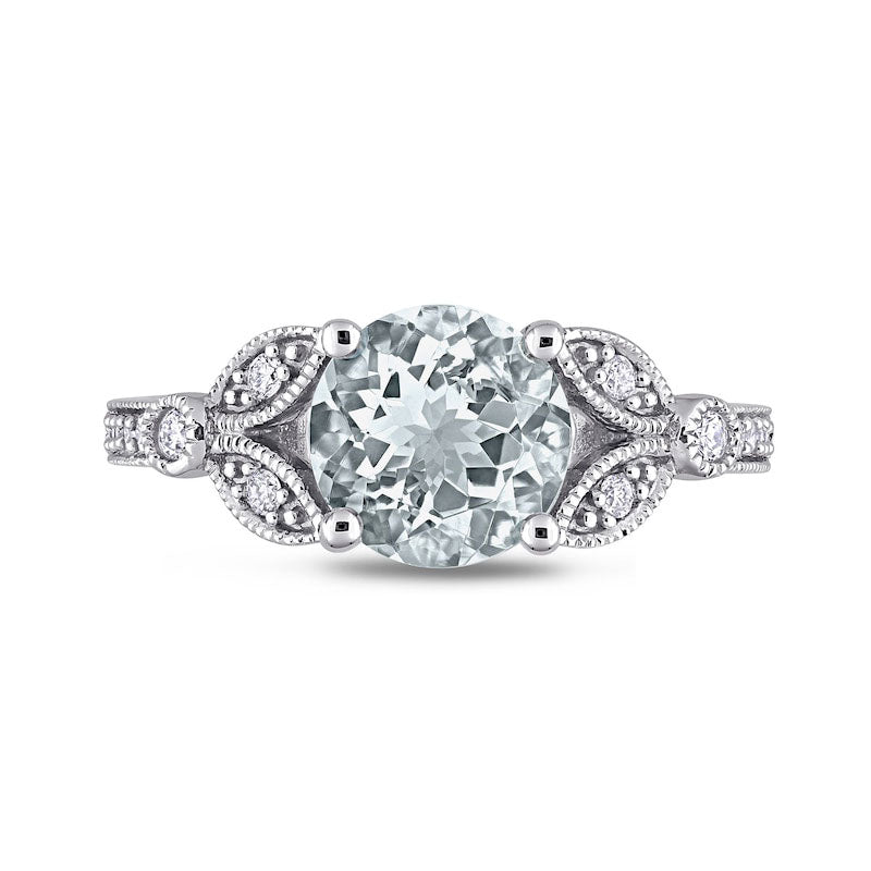 8.0mm Aquamarine and 0.13 CT. T.W. Natural Diamond Leaf-Sides Antique Vintage-Style Ring in Solid 14K White Gold