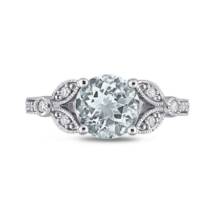 8.0mm Aquamarine and 0.13 CT. T.W. Natural Diamond Leaf-Sides Antique Vintage-Style Ring in Solid 14K White Gold