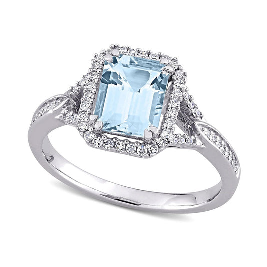 Emerald-Cut Aquamarine and 0.20 CT. T.W. Natural Diamond Octagonal Frame Tapered Shank Ring in Solid 14K White Gold