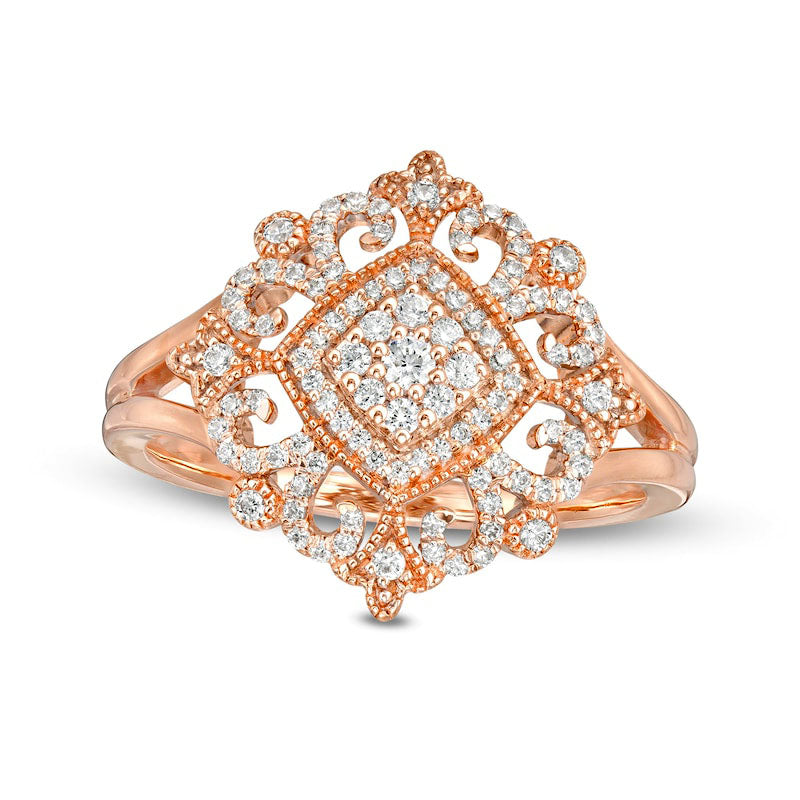 0.25 CT. T.W. Composite Natural Diamond Tilted Cushion Ornate Antique Vintage-Style Ring in Solid 10K Rose Gold