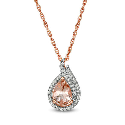 Pear-Shaped Morganite and 0.17 CT. T.W. Natural Diamond Double Frame Drop Pendant in 10K Rose Gold