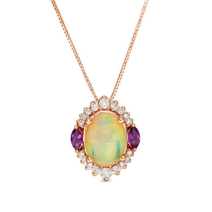 Captivating Color Oval Opal, Amethyst and 0.17 CT. T.W. Natural Diamond Ornate Border Three Stone Pendant in 14K Rose Gold