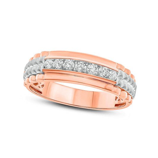 Men's 0.33 CT. T.W. Natural Diamond Ribbed Shank Wedding Band in Solid 10K Two-Tone Gold