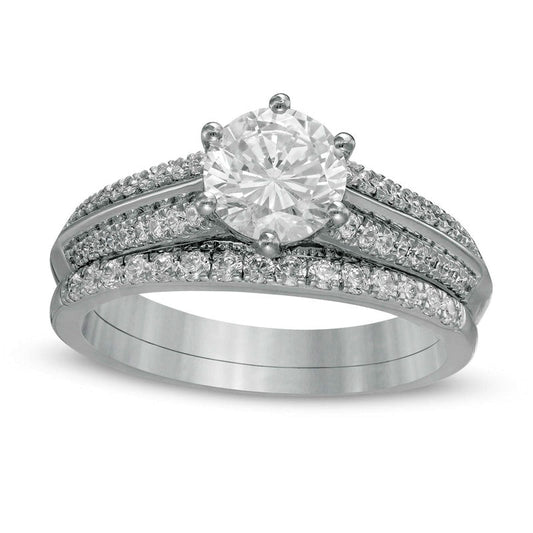 1.5 CT. T.W. Natural Diamond Edge Double Row Bridal Engagement Ring Set in Solid 10K White Gold